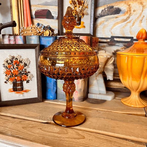 Vintage MCM Indiana Glass Amber Diamond Point Large Compote With Lid - Picture 1 of 9